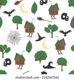 Chicken legs seamless pattern. Forest, broom, web, witch, skull, raven witchcraft attributes Traditional Russian fairy tale