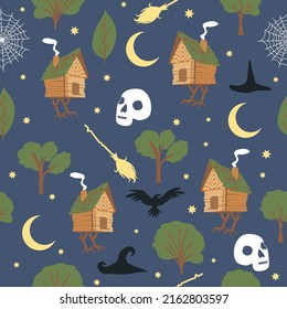 Chicken legs seamless pattern. Forest, broom, web, witch, skull, raven witchcraft attributes Traditional Russian fairy tale