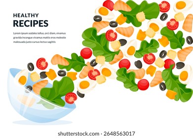 Frango, alface, ovos e legumes salada voando de tigela de vidro. Ilustração de desenho animado plano vetorial. Elementos de design de receitas culinárias saudáveis. Ingredientes alimentares isolados sobre fundo branco