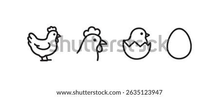 Chicken lifecycle icons: hen, egg, hatchling in simple line art.