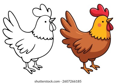 Chicken Line Art Vector Outline Illustration Black and White with Coloring Sample