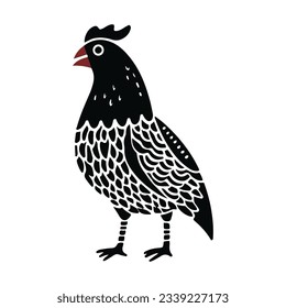 Chicken linocut vector illustration. Pattern for linocut, embroidery, crafts. Hen. Vector illustration