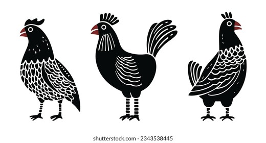 Chicken linocut vector illustration. Pattern for linocut, embroidery, crafts. Hen. Vector illustration