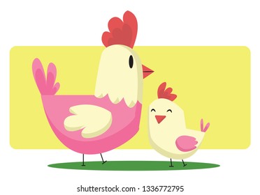 Chicken and a little chick Easter art illustration web vector on a white background
