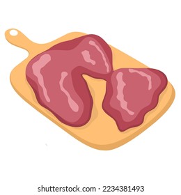 Hühnerleber, Vektorgrafik auf weißem Hintergrund. Hühnerinnenorgandesign mit Schnittbrett, perfektes Tierprodukt für leckere Gerichte.