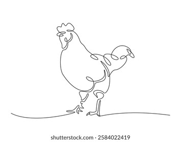 Chicken livestock in continuous one line drawing. Chicken, hen , rooster line draw. Editable vector.