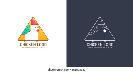 Chicken logo. Bird sign in triangle shape. Stylized rooster symbol in color and linear style. Vector icons isolated on white and black background. 