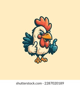 Caricatura del logotipo del pollo. Cute Cartoon Gallina con los pulgares hacia arriba. Ilustración del logotipo del vector