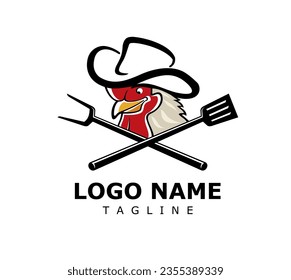 Chicken Logo Cartoon Character. Rooster chicken with hat cowboys and spatula. Vector logo illustration.