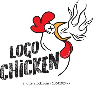 Chicken Logo Character. A funny Cartoon Rooster chicken with fire flame.Vector logo illustration spicy hot chicken