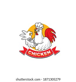 chicken logo with a cool illustration of a chicken wearing a chef's hat and holding a spatula. vector