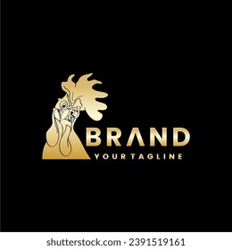 Diseño del logo de pollo con la cabeza girada. Minimalista. logotipo de oro elegante vectorial.