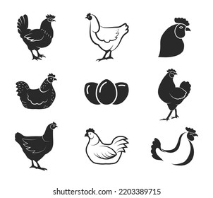 Chicken logo elements. Healthy organic chickens meat and eggs black items for stamp seal emblem badge and logo
