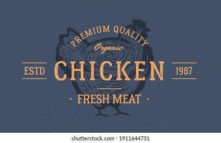 Chicken logo. Hen isolated on dark blue background. Hen silhouette. Chicken meat vintage logo. Emblem for butcher shop, steak house, restaurant. Vector illustration