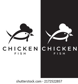 Chicken logo, rooster head logo with fish combination. The chicken logo is used for corporate businesses, restaurants or restaurants or food stalls. Using simple illustrations.