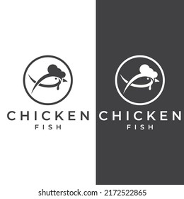Chicken logo, rooster head logo with fish combination. The chicken logo is used for corporate businesses, restaurants or restaurants or food stalls. Using simple illustrations.
