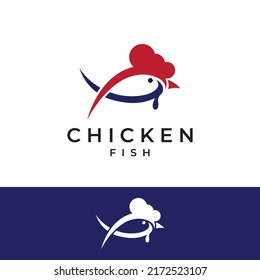 Chicken logo, rooster head logo with fish combination. The chicken logo is used for corporate businesses, restaurants or restaurants or food stalls. Using simple illustrations.