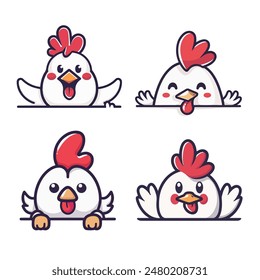 A Chicken, logo with text and cartoon character, logotype, badge, sticker, emblem on white background isolated. Vector illustration, flat, line art style, creative design
