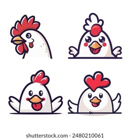 A Chicken, logo with text and cartoon character, logotype, badge, sticker, emblem on white background isolated. Vector illustration, flat, line art style, creative design