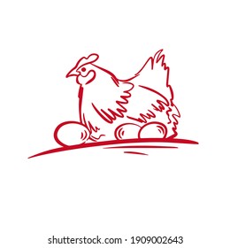 Hühnerlogo auf Vektorgrafik, handgezeichnet, einzeln auf weißem Hintergrund. Illustration von Hühnern mit Eiern