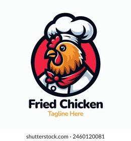 Chicken Logo. Vector Illustration. Chicken Mascot Design. Suitable for T-shirt, Badge, Emblem, Print, Business, Brand, Fast Food, Culinary Brand, Restaurant, Chicken Farm, Cooking, Chef Logo