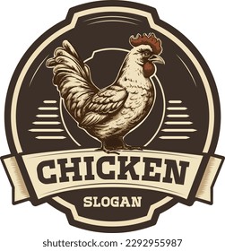 Chicken logo vector minimalist and modern to cartoonish, retro badge high quality.