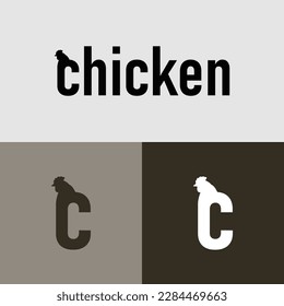 chicken logotype vector illustration, with chicken head icon on letter c, isolated