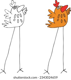 Chicken with long legs. A design element or a page of a children's coloring book. Black-and-white and color contour illustration on a white background