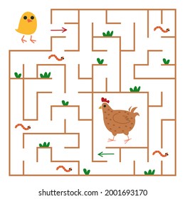 The chicken is looking for path to the chicken through the maze  Square maze and animals for children  Children s cute game  The development preschoolers  Vector color illustration