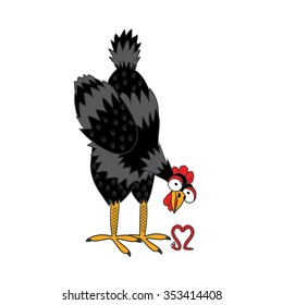 a chicken looking at a worm, which depicts the heart