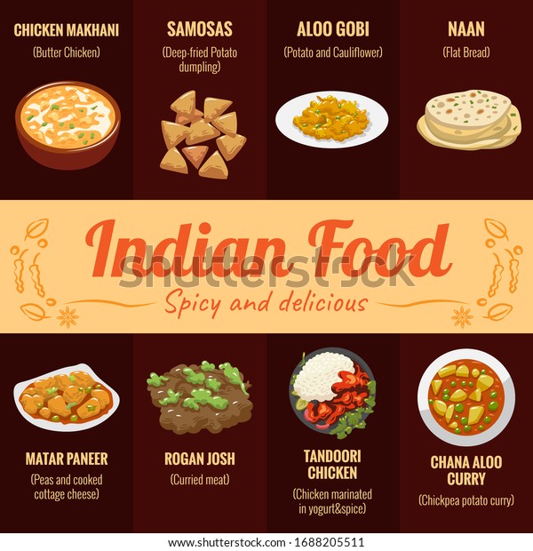 chicken makhani, samosas, aloo gobi, naan, matar paneer, rogan josh, tandoori chicken, chana aloo curry, Indian food vector set collection graphic design