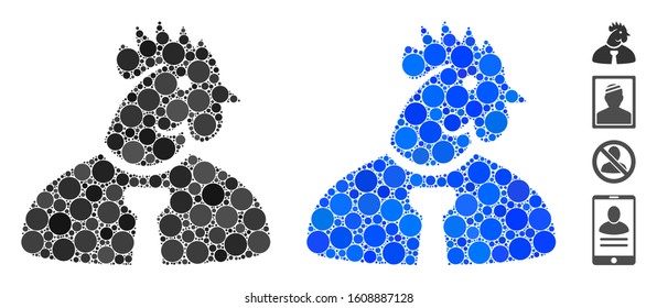 Chicken man composition of small circles in various sizes and color tones, based on chicken man icon. Vector small circles are united into blue collage.