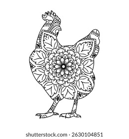 Chicken Mandala Line Art Illustration for Coloring Pages, Prints, and Designs