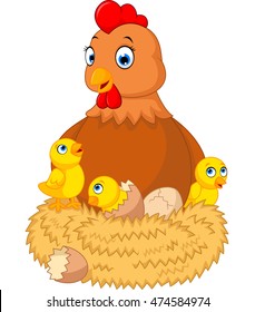  a chicken with many cracking eggs