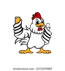 Chicken mascot or chicken character taking a photo or selfie