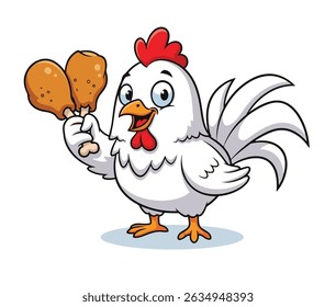 Chicken Mascot Logo Design for Fast Food Restaurants, Cute Cartoon Chicken Holding Fried Chicken. Vector illustration