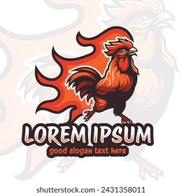 Diseño de logotipo de mascota de pollo, logotipo de pollo rojo, ilustración de pollo frito caliente con icono de fuego, gallo