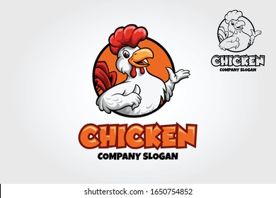 Chicken Mascot Logo. A happy Cartoon Rooster chicken giving a thumbs up in a circle graphic.