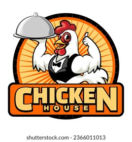 the chicken mascot logo is serving dishes in neat and cool clothes in a circle, with the words chicken house underneath