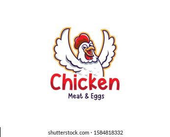 Chicken mascot logo vector. Happy funny cartoon rooster chicken. Meat and eggs product