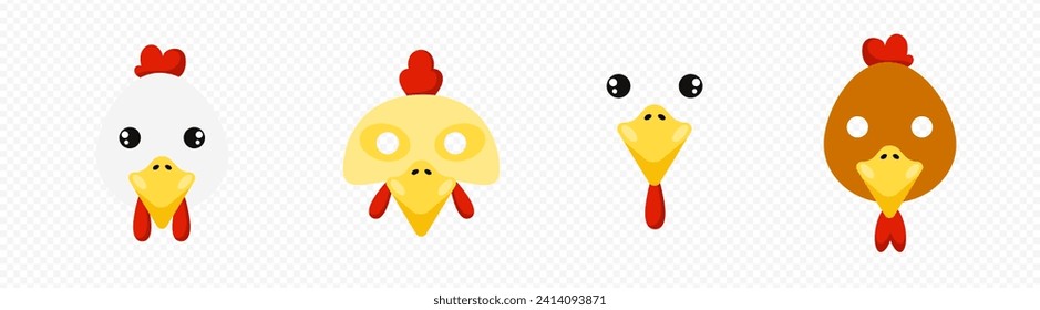 Chicken masks set. Masquerade holiday decoration with yellow beak and red comb for fun party and funny holiday vector