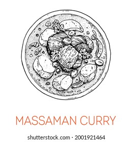 Chicken massaman curry, thai food. Hand drawn vector illustration. Sketch style. Top view. Vintage vector illustration.