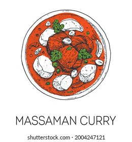 Chicken massaman curry, thai food. Hand drawn vector illustration. Sketch style. Top view. Vintage vector illustration.