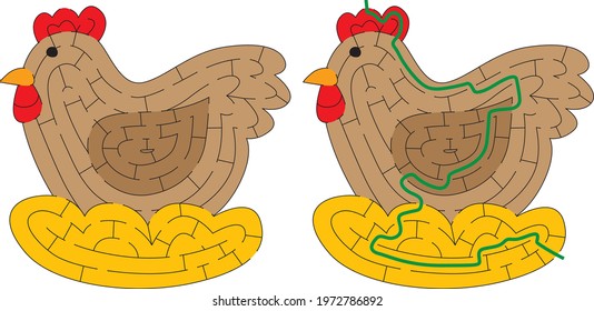 Chicken maze for kids with a solution