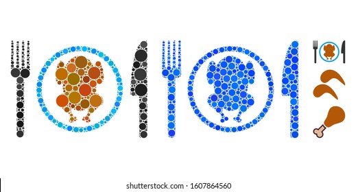 Chicken meal mosaic of filled circles in different sizes and color tones, based on chicken meal icon. Vector filled circles are grouped into blue collage.