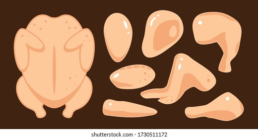 Chicken meat collection: part of sliced chic. Farm hen product vector illustration flat drawing.