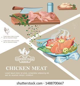 Chicken meat colorful template with raw legs wings ham knife spices salt shaker on cutting board and roasted chicken meal vector illustration