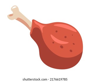 Carne de pollo, producto de aves de corral cocidas o horneadas en un restaurante o tienda. Bizcocho frito o barbacoa aislado, piernas con especias y hierbas. Se sirven comidas, cenas o almuerzos deliciosos. Vector de estilo plano