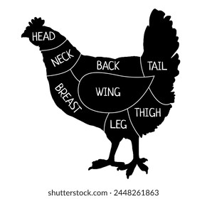 Chicken meat cuts silhouette scheme. Butcher diagram, shop plans. . Cuts of meat for butchery, meat shop, restaurant, grocery store. Wing, breast, back, neck, head,  thigh, tail, leg