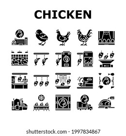 Chicken Meat Factory Collection Icons Set Vector. Chicken Feather Pluck And Washing Machine, Conveyor And Refrigerator For Frozen Carcass Glyph Pictograms Black Illustrations